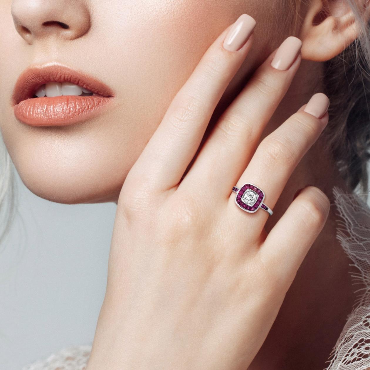 Art Deco Style Diamond & Red Pink Ruby Cushion Shape Halo 18K White Gold Ring For Sale 3
