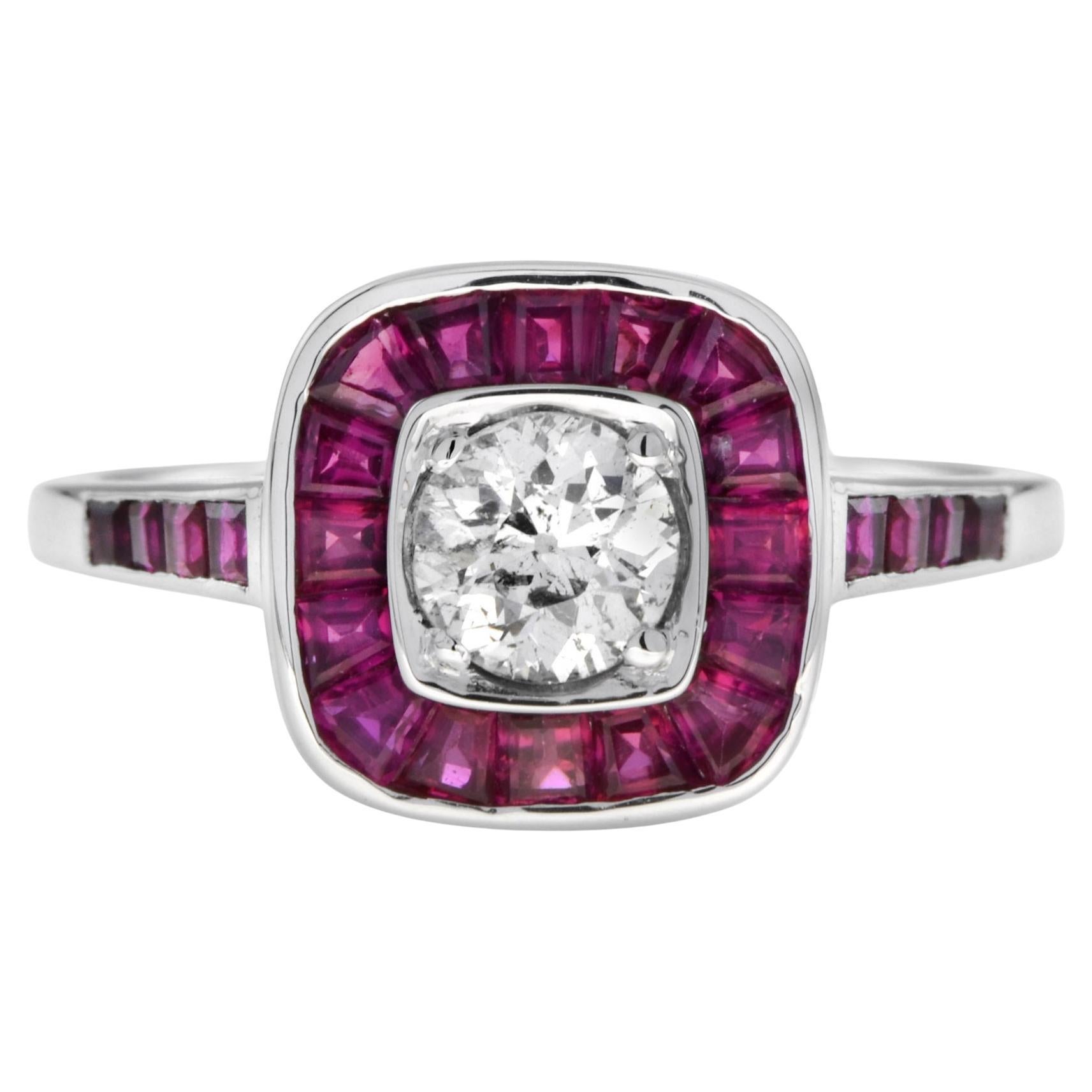 Art Deco Style Diamond & Red Pink Ruby Cushion Shape Halo 18K White Gold Ring For Sale