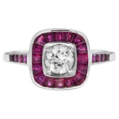 Art Deco Style Diamond & Red Pink Ruby Cushion Shape Halo 18K White Gold Ring