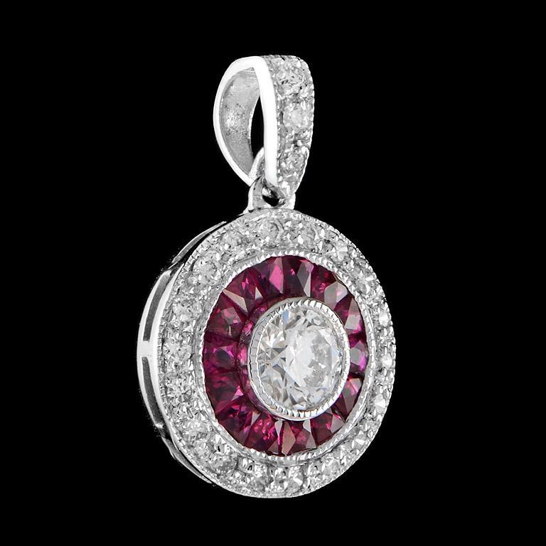 French Cut Art Deco Style Diamond & Red Pink Ruby Halo Set 14K White Gold Pendant For Sale