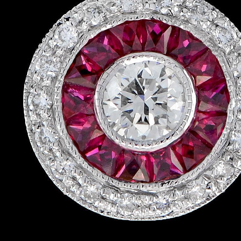 Art Deco Style Diamond & Red Pink Ruby Halo Set 14K White Gold Pendant For Sale 1