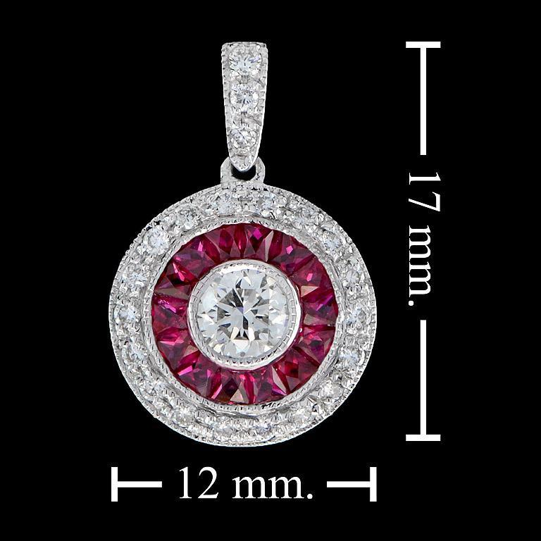 Art Deco Style Diamond & Red Pink Ruby Halo Set 14K White Gold Pendant For Sale 2