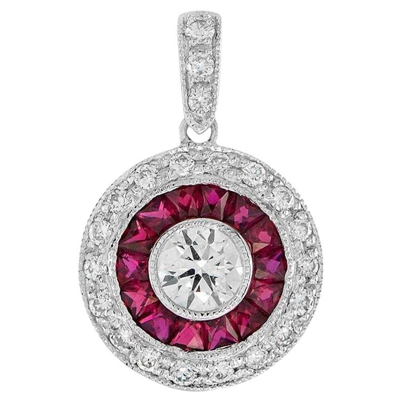 Art Deco Style Diamond & Red Pink Ruby Halo Set 14K White Gold Pendant For Sale