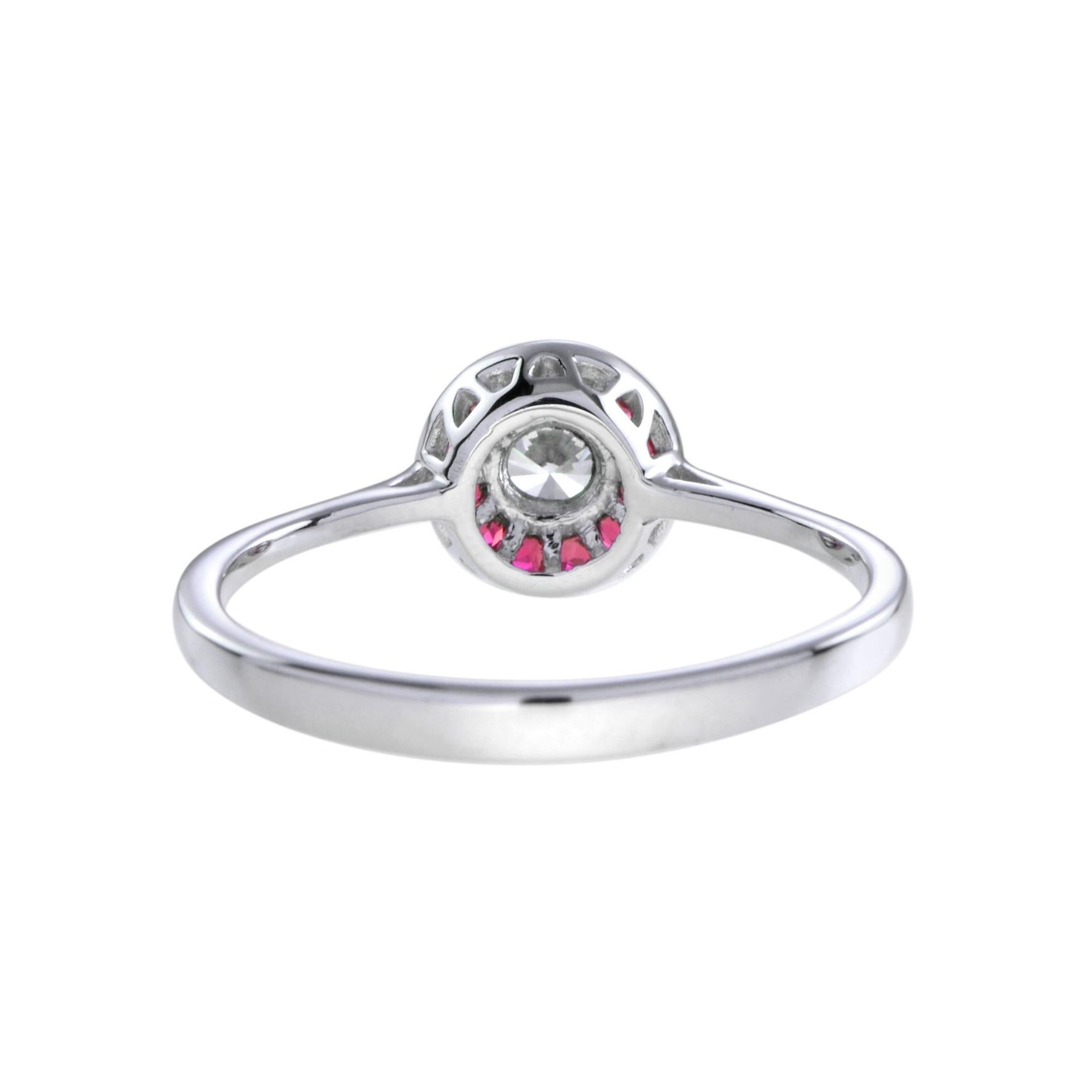 Round Cut Art Deco Style Diamond & Red Pink Ruby Halo Vintage Inspired White Gold Ring For Sale