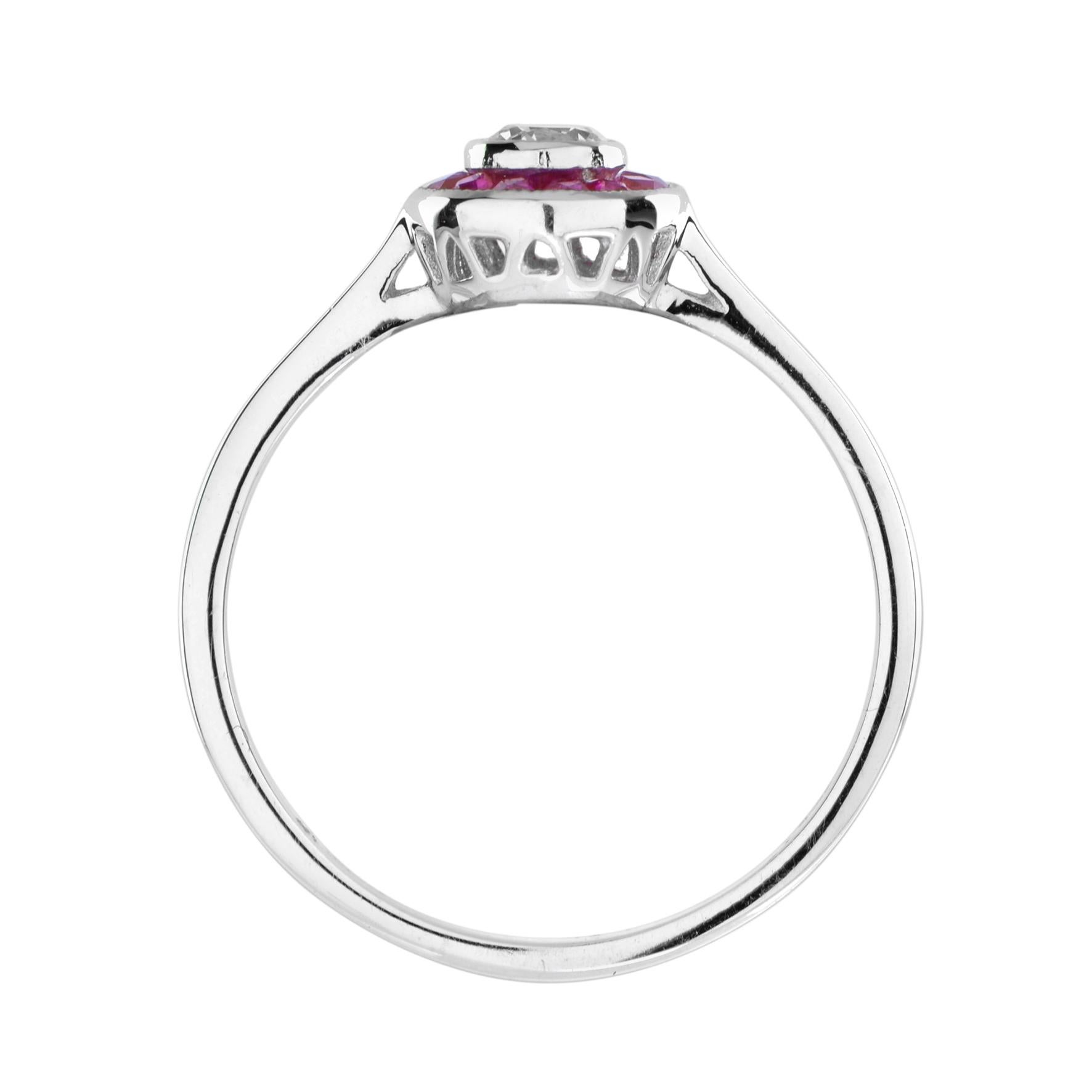 Art Deco Style Diamond & Red Pink Ruby Halo Vintage Inspired White Gold Ring In New Condition For Sale In Oakton, VA