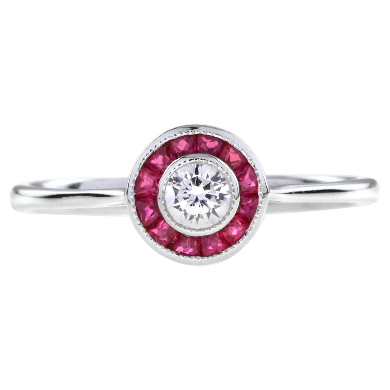 Art Deco Style Diamond & Red Pink Ruby Halo Vintage Inspired White Gold Ring For Sale