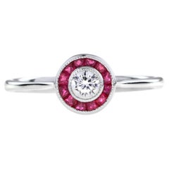 Art Deco Style Diamond & Red Pink Ruby Halo Vintage Inspired White Gold Ring