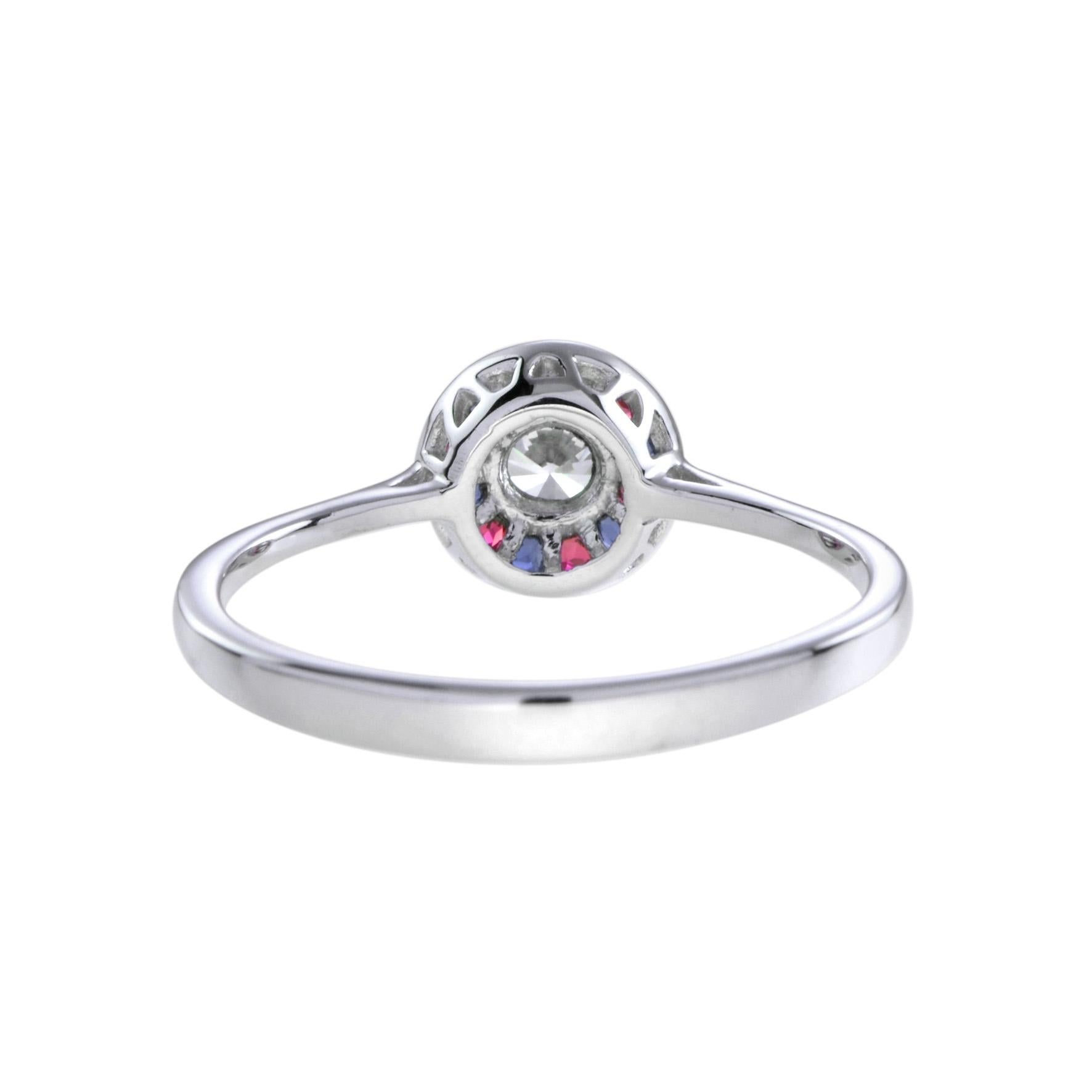 Round Cut Art Deco Style Diamond & Red Ruby Blue Sapphire Halo Set 14K White Gold Ring For Sale