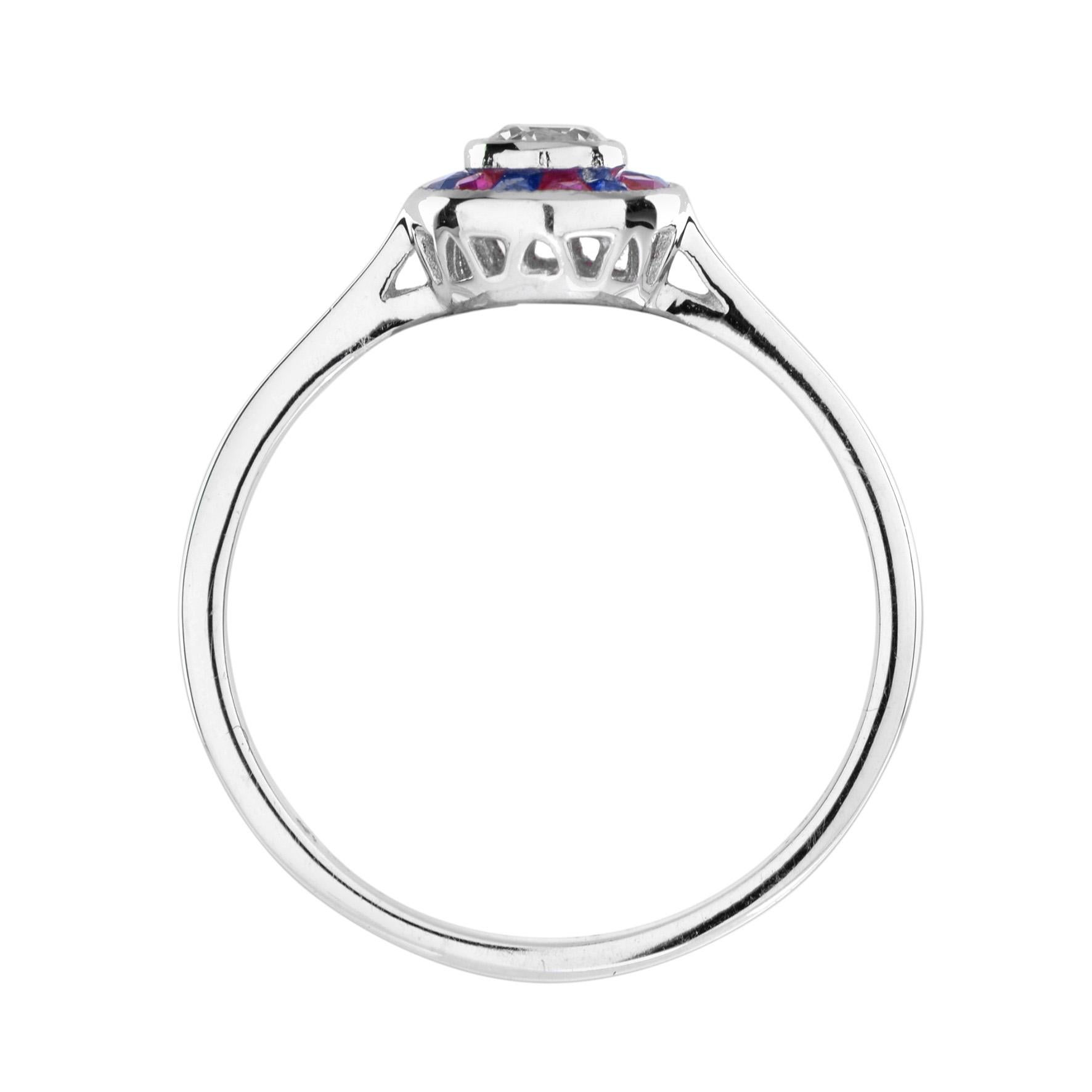 Art Deco Style Diamond & Red Ruby Blue Sapphire Halo Set 14K White Gold Ring In New Condition For Sale In Oakton, VA