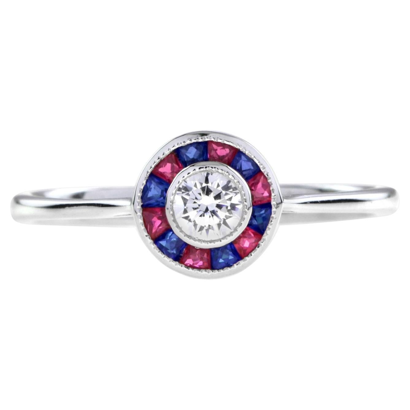 Art Deco Style Diamond & Red Ruby Blue Sapphire Halo Set 14K White Gold Ring