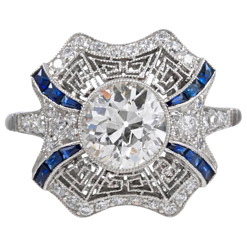 Art Deco Style Diamond Ring with Sapphire Accents