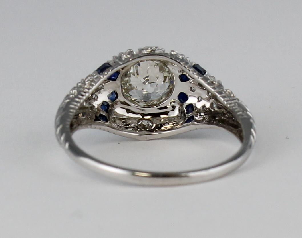 Old European Cut Art Deco Style Diamond Ring with Sapphires Set in 18 Karat White Gold For Sale