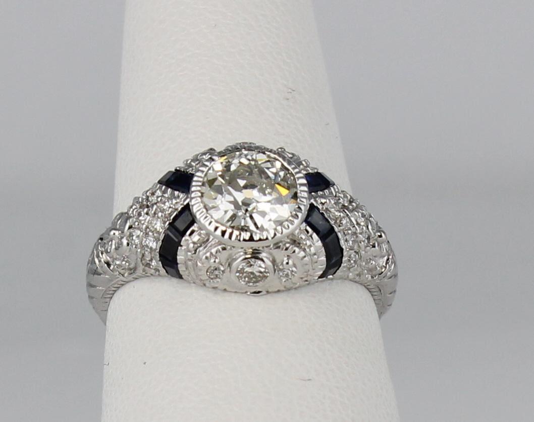 Art Deco Style Diamond Ring with Sapphires Set in 18 Karat White Gold In Excellent Condition For Sale In Atlanta, GA