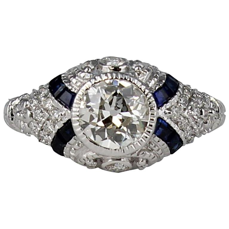 Art Deco Style Diamond Ring with Sapphires Set in 18 Karat White Gold For Sale