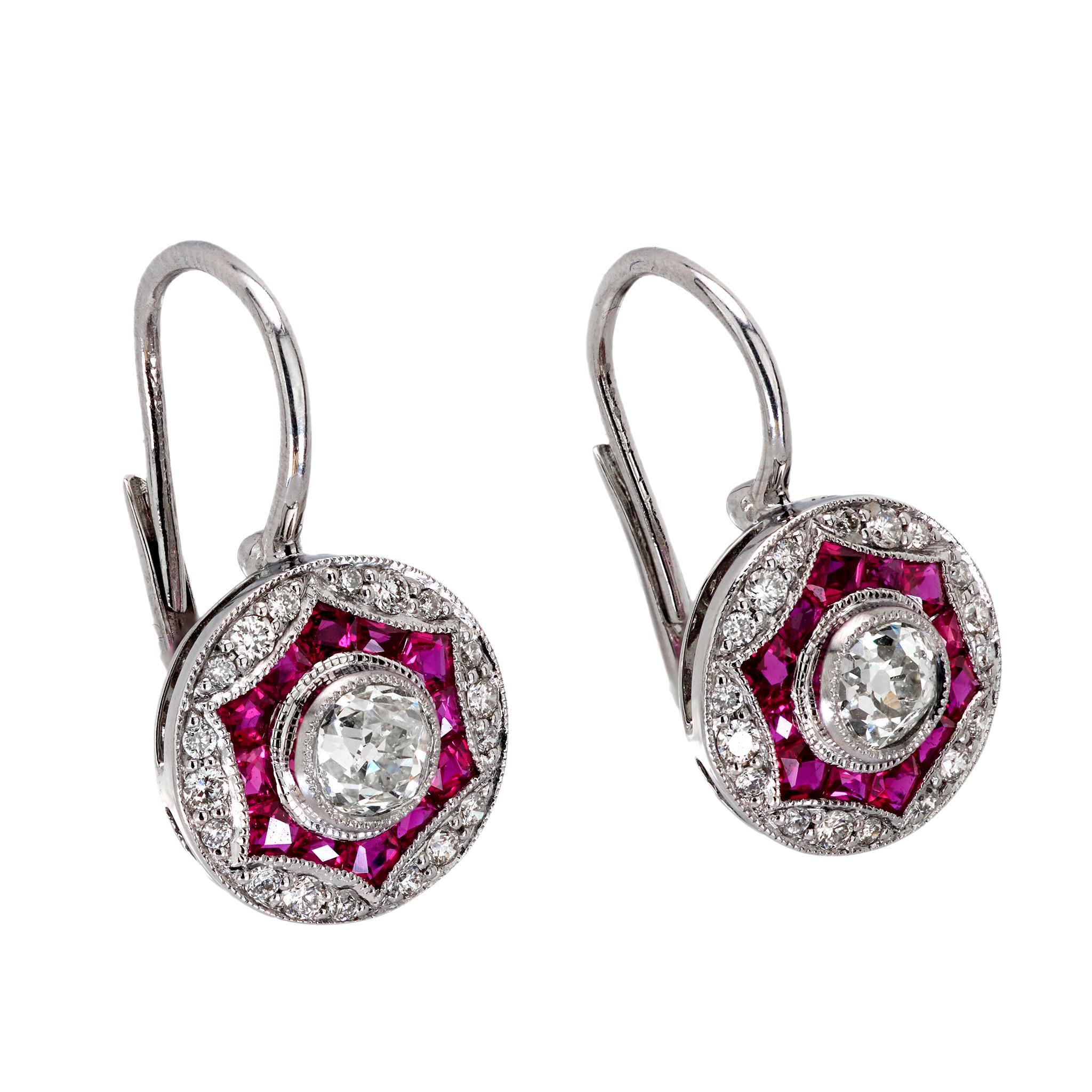Old European Cut Art Deco style diamond ruby 14k white gold target earrings For Sale