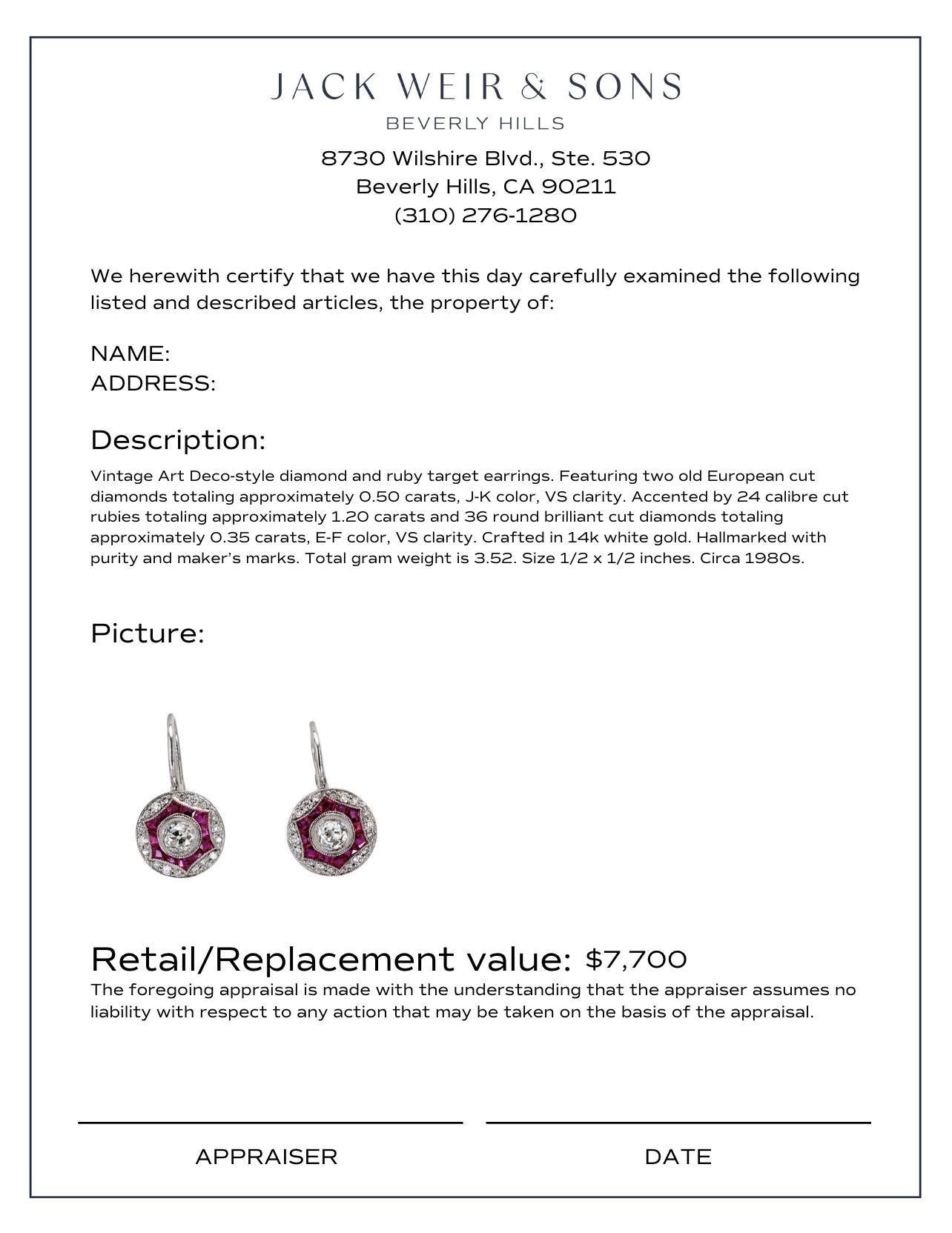 Art Deco style diamond ruby 14k white gold target earrings In Excellent Condition For Sale In Beverly Hills, CA