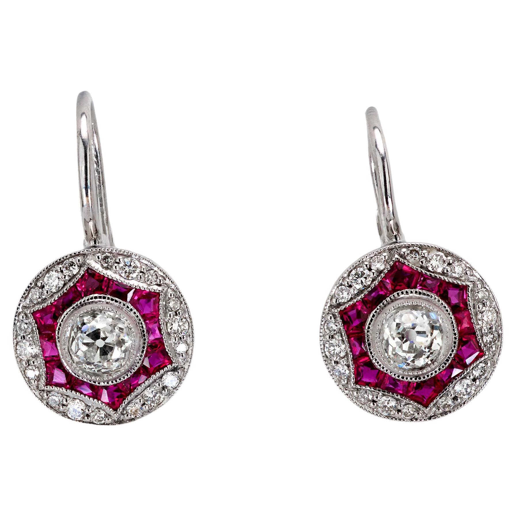 Art Deco style diamond ruby 14k white gold target earrings For Sale