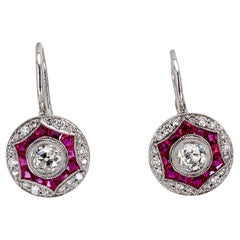 Boucles d'oreilles cible en or blanc 14k, diamant rubis, style Art Déco