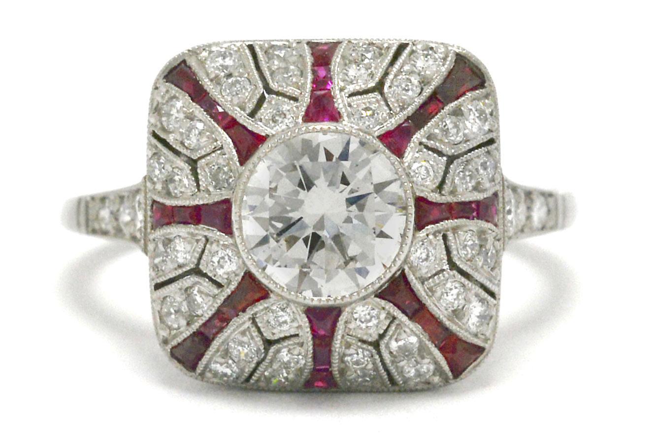 Art Deco Style Diamond and Ruby Engagement Ring For Sale at 1stDibs