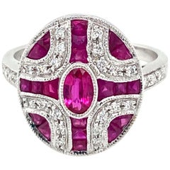 Art Deco Style Diamond Ruby Cocktail Ring Estate Fine Jewelry