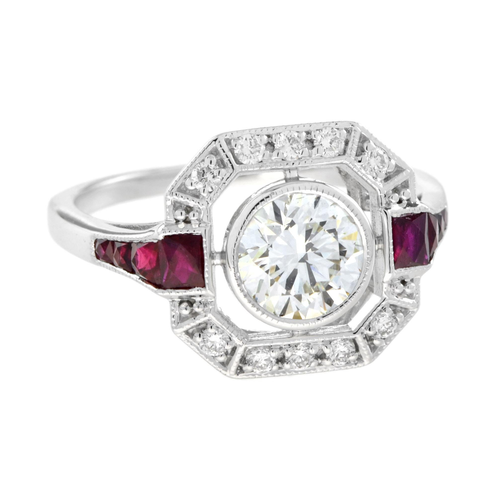 A gorgeous eye catching center stone with the perfect touch of diamonds and rubies. The center diamond is M/VVS with the size of 6.5 mm. The shoulders feature French cut rubies. The ring is unique and will be one you will be pound to wear.
Ring