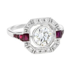 Art Deco Style Diamond & Ruby Engagement Halo Set 18K White Gold Ring