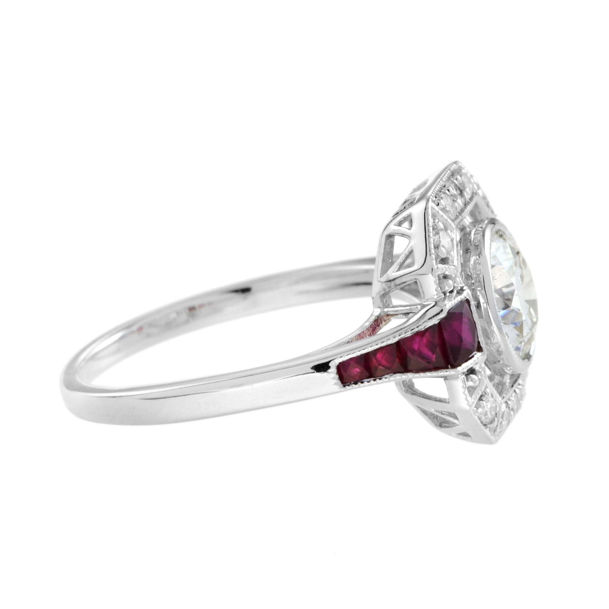 Art Deco Style Diamond & Ruby Engagement Halo Set 18K White Gold Ring Art Decó en venta