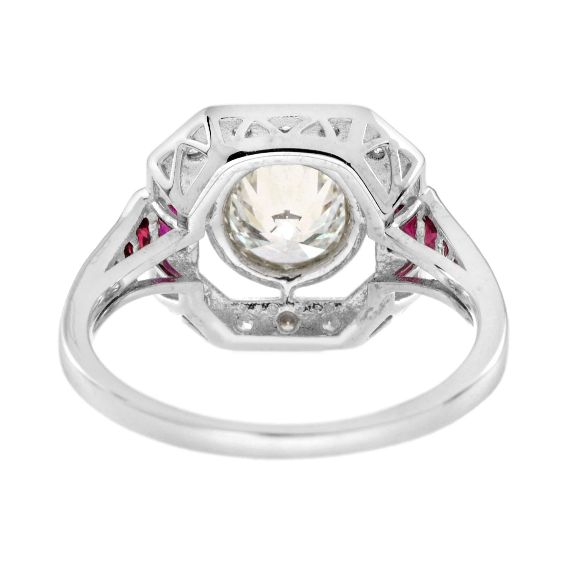 Art Deco Style Diamond & Ruby Engagement Halo Set 18K White Gold Ring Corte redondo en venta
