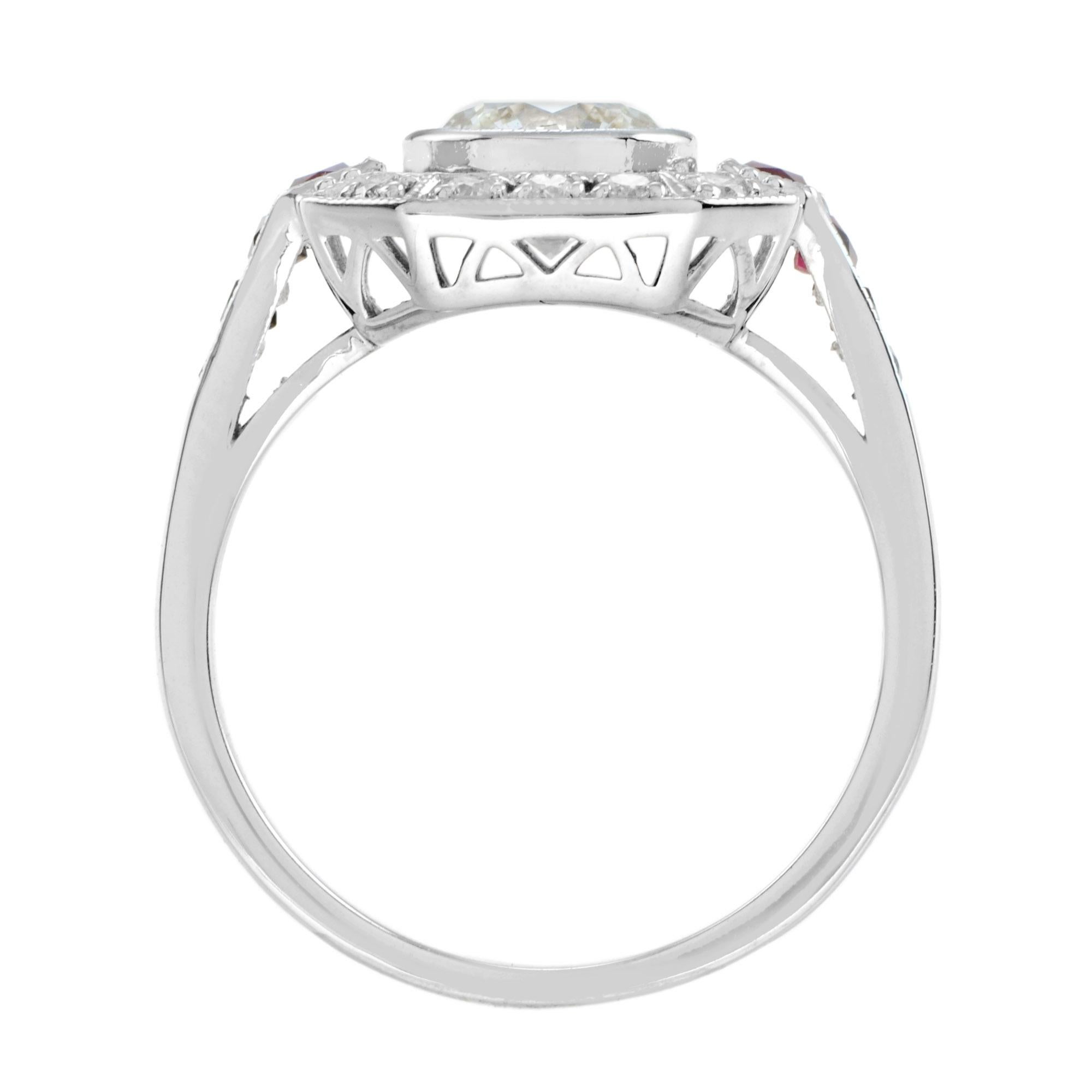 Art Deco Style Diamond & Ruby Engagement Halo Set 18K White Gold Ring en Nuevo estado para la venta en Oakton, VA