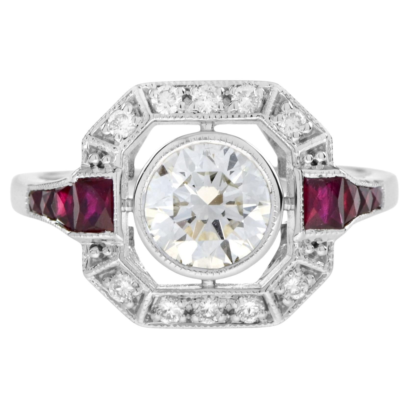 Art Deco Style Diamond & Ruby Engagement Halo Set 18K White Gold Ring