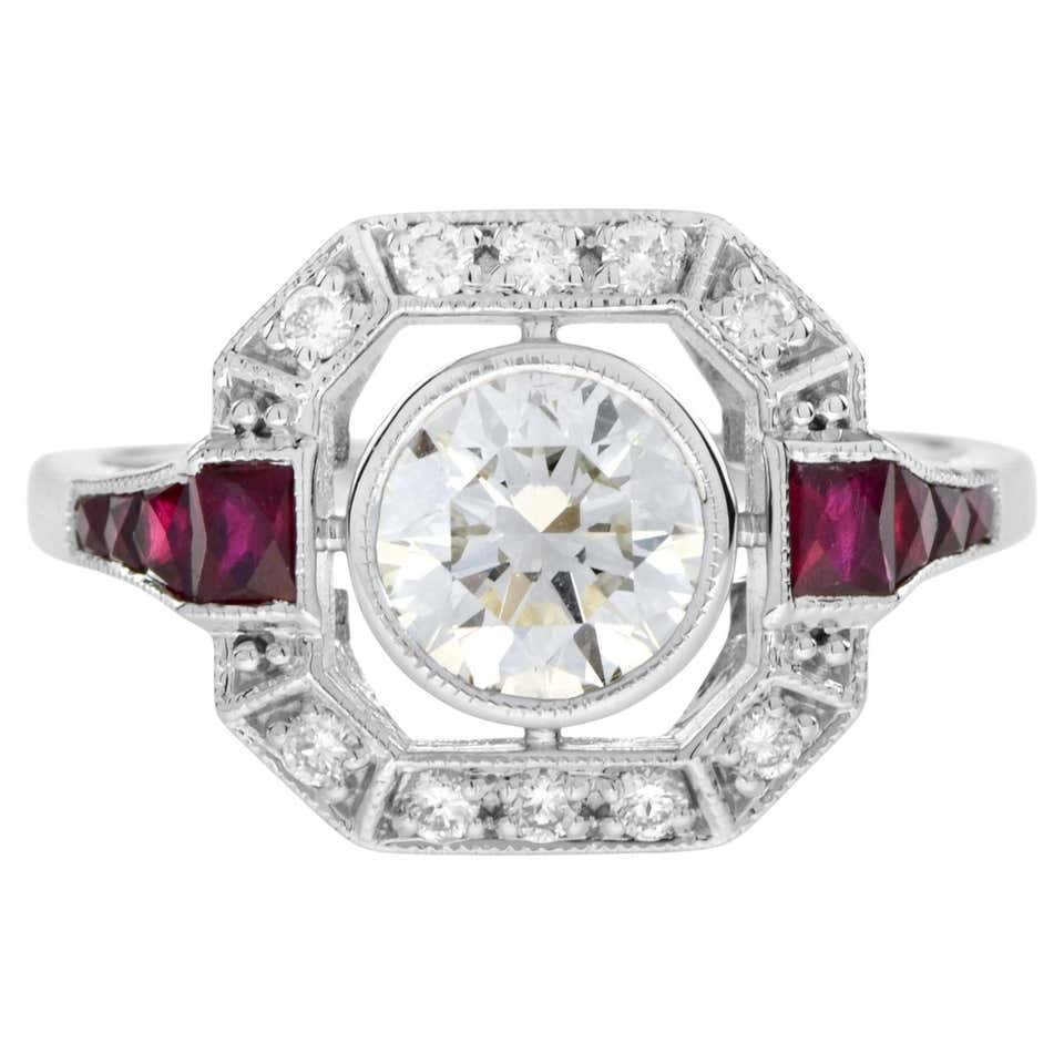 Ruby and Diamond Art Deco Style Octagonal Engagement Ring in 18k White ...