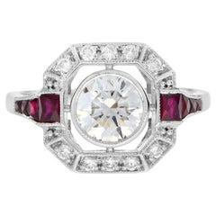 Art Deco Style Diamond & Ruby Engagement Halo Set 18K White Gold Ring