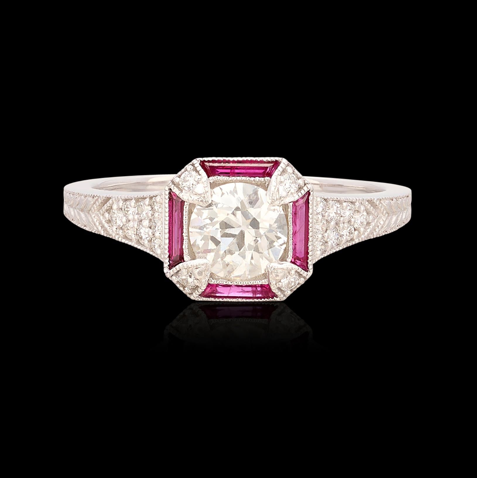 For the Art Deco lover, this ring will be sure to please! Created in 14k white gold, it centers an old European-cut diamond weighing 0.68 carat, G color and SI2 clarity, set within a square frame of long baguette-cut rubies weighing 0.24 carat, with