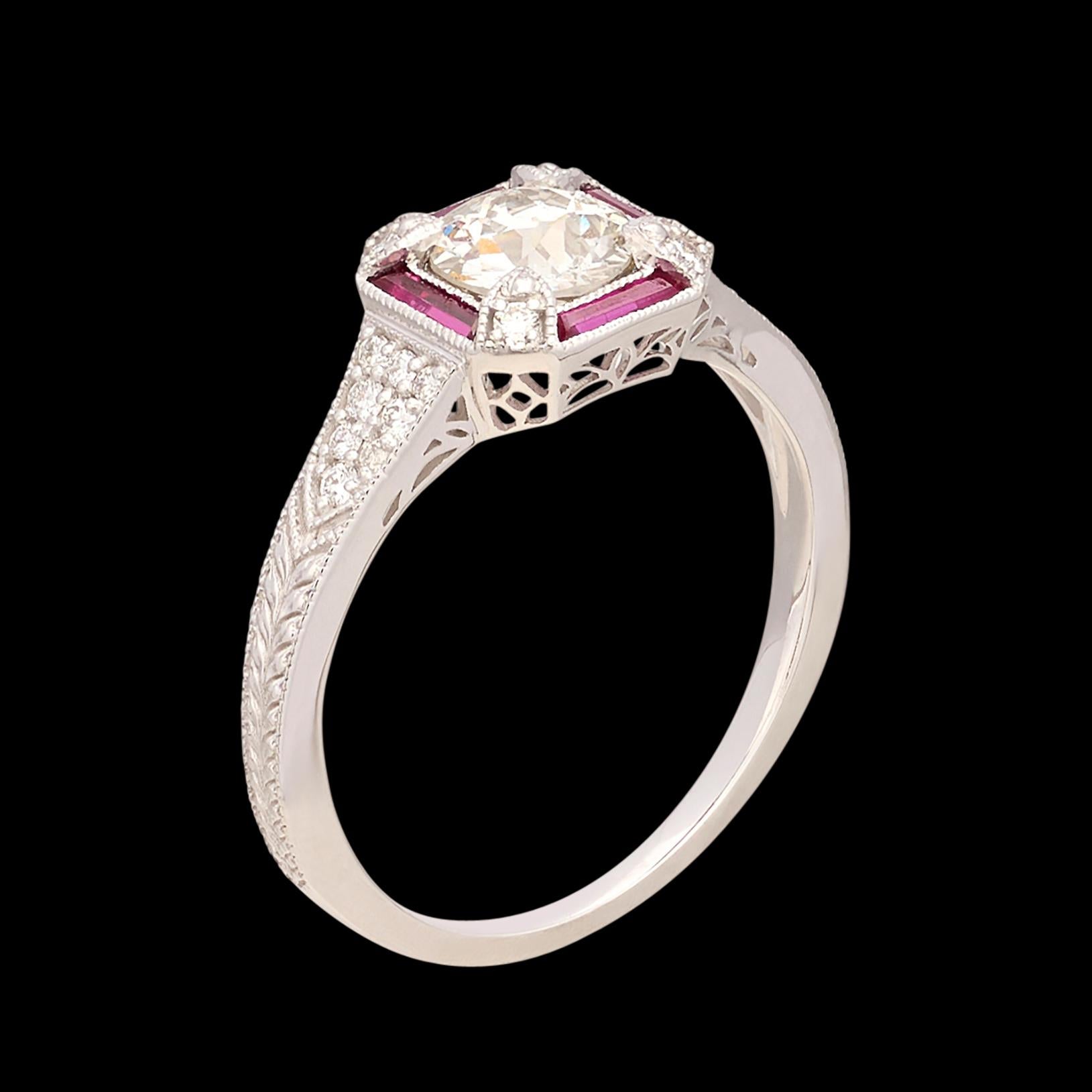 Verlobungsring im Art-déco-Stil mit Diamanten und Rubinen im Angebot 1