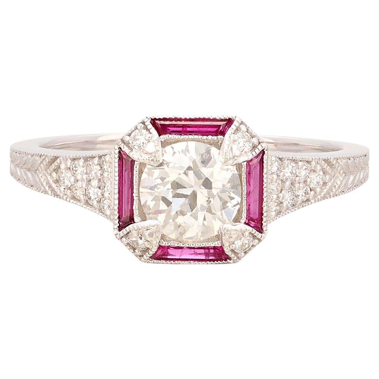 Verlobungsring im Art-déco-Stil mit Diamanten und Rubinen im Angebot