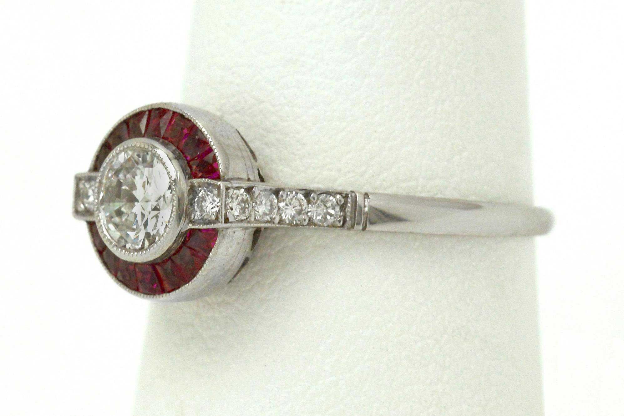 Art Deco Style Diamond Ruby Engagement Ring Old European Halo Platinum Target In New Condition In Santa Barbara, CA