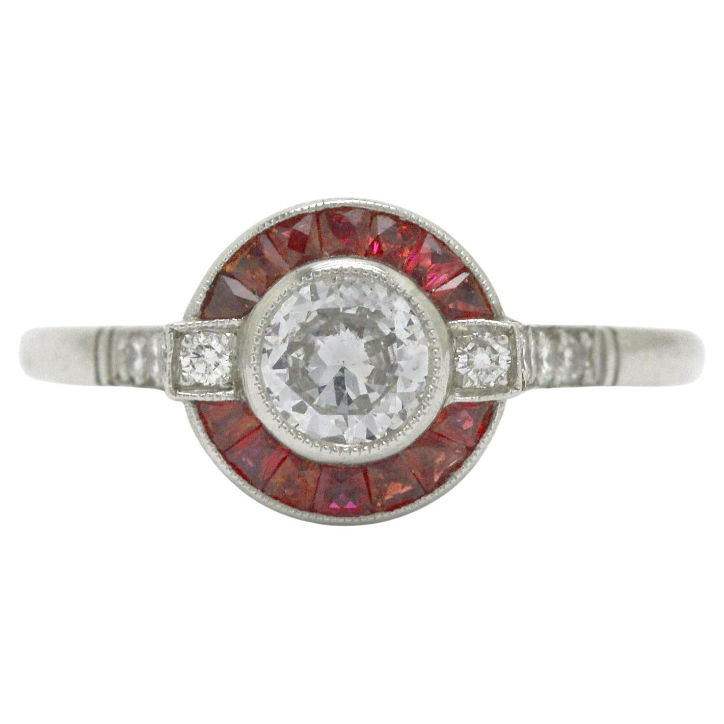 Art Deco Style Diamond Ruby Engagement Ring Old European Halo Platinum Target