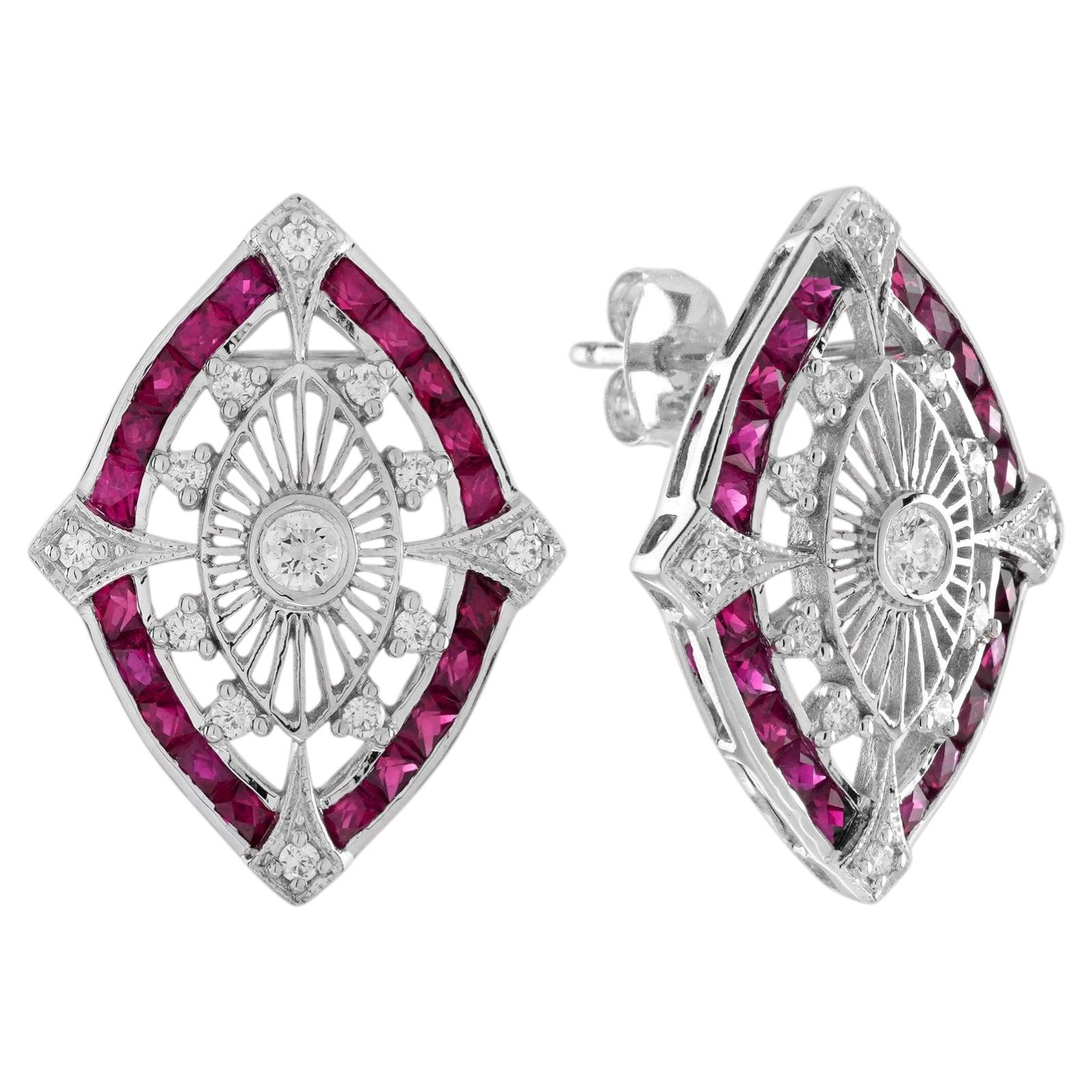 Art Deco Style Diamond Ruby Marquise Stud Earrings in 14K White Gold