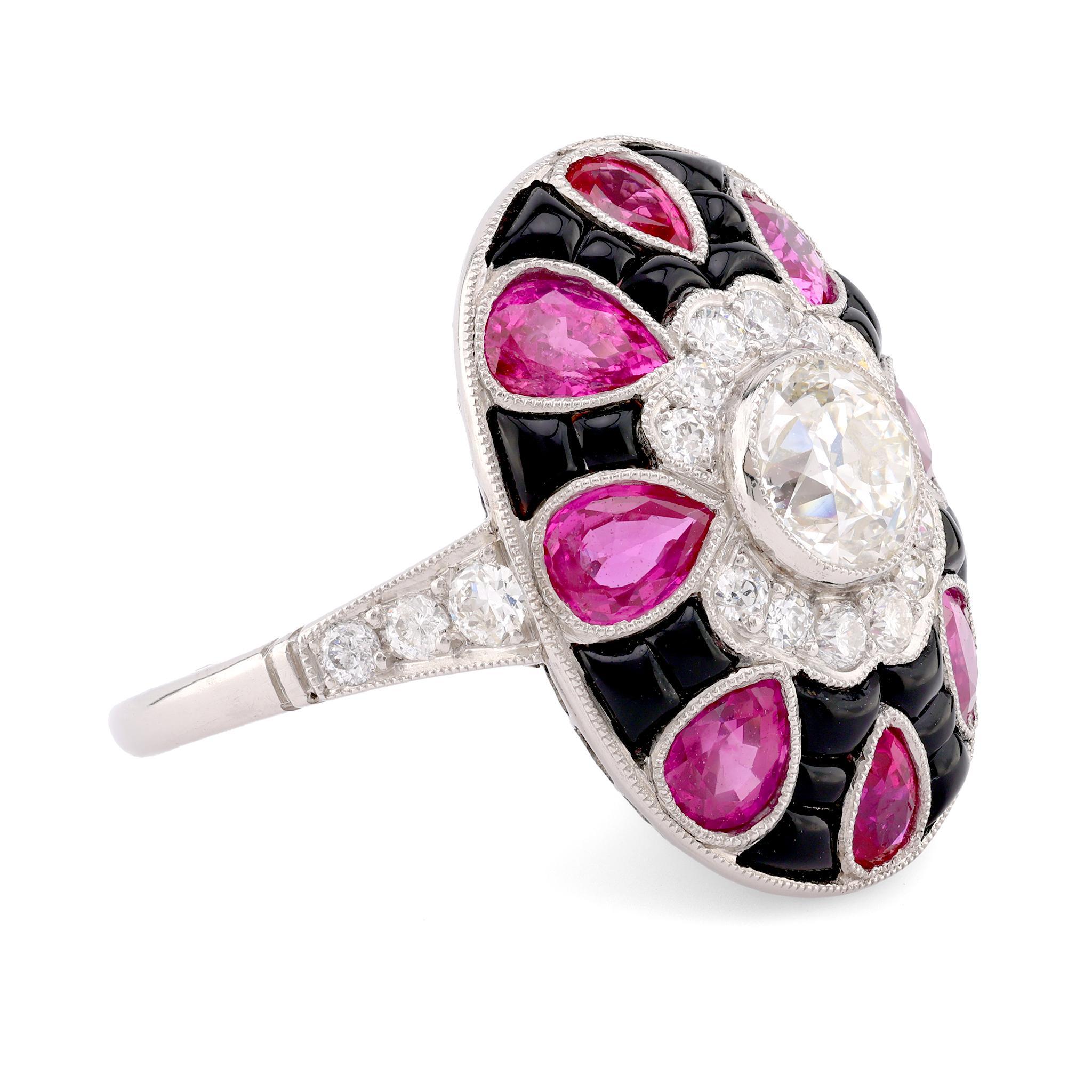 Anillo de Platino Estilo Art Déco Diamante Rubí Ónice Art Decó
