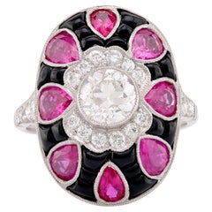 Anillo de Platino Estilo Art Déco Diamante Rubí Ónice