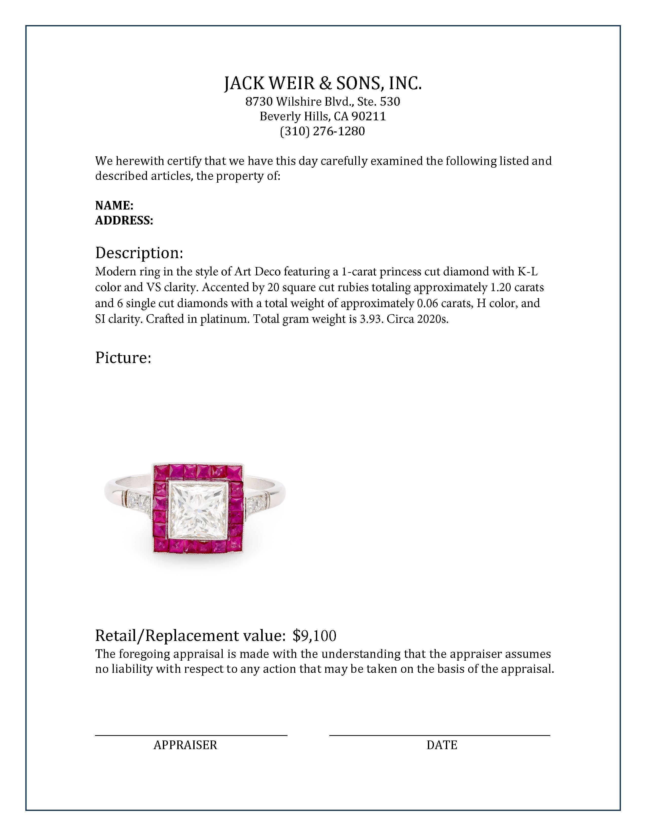Quadratischer Halo-Ring im Art-déco-Stil, Diamant Rubin Platin im Zustand „Hervorragend“ in Beverly Hills, CA