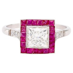 Quadratischer Halo-Ring im Art-déco-Stil, Diamant Rubin Platin