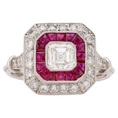 Art Deco Style Diamond Ruby Platinum Square Halo Ring