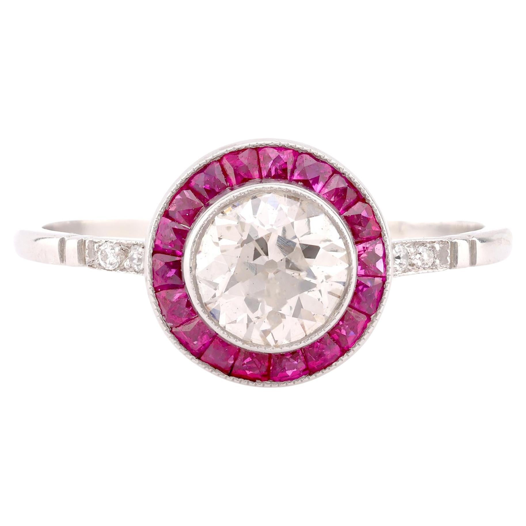 Anillo Objetivo Platino Diamante Rubí Estilo Art Decó