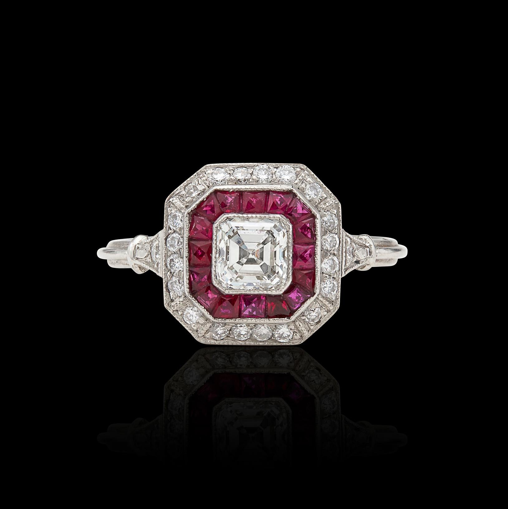 Asscher Cut Art Deco Style Diamond and Ruby Ring
