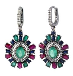 Art-Deco Style Diamond, Ruby, Sapphire, and Natural Emerald Drop Earrings
