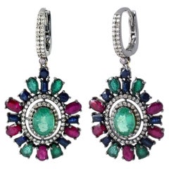 Art-Deco Style Diamond, Ruby, Sapphire, and Natural Emerald Drop Earrings