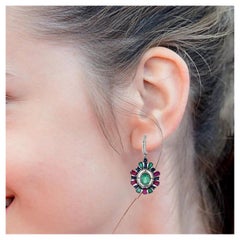 Art-Deco Style Diamond, Ruby, Sapphire, and Natural Emerald Drop Earrings