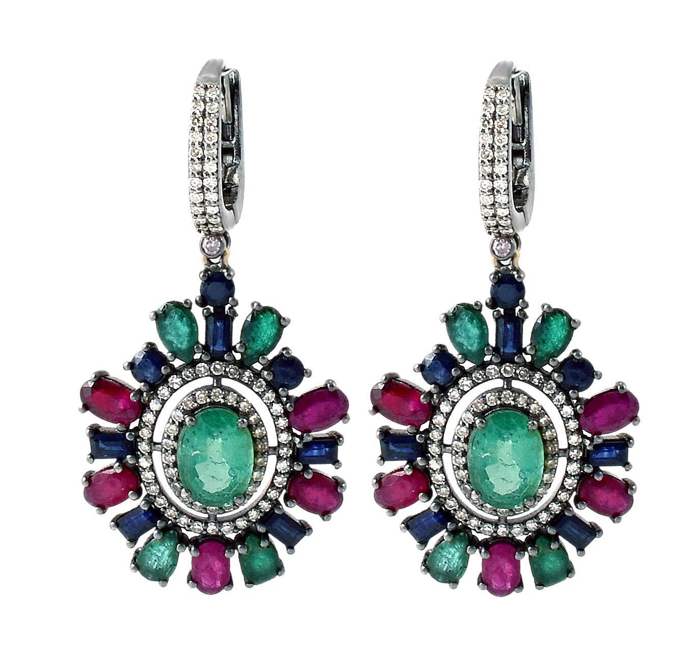 Oval Cut Art-Deco Style Diamond, Ruby, Sapphire, and Natural Emerald Drop Earrings For Sale