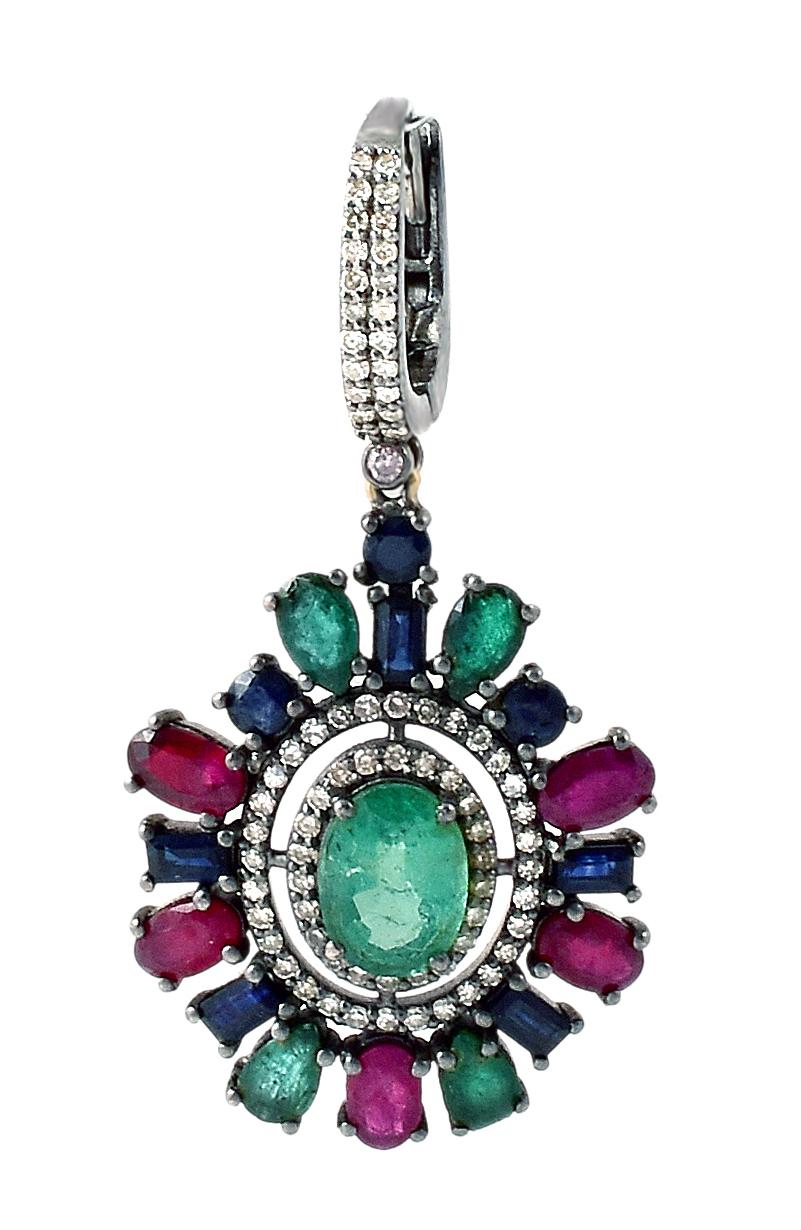 Art-Deco Style Diamond, Ruby, Sapphire, and Natural Emerald Drop Earrings In New Condition For Sale In Jaipur, IN